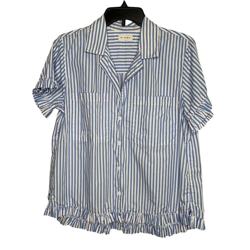 Piyama Felicity Frill Blue & White Striped Ruffle Lounge Pajama Shirt Small